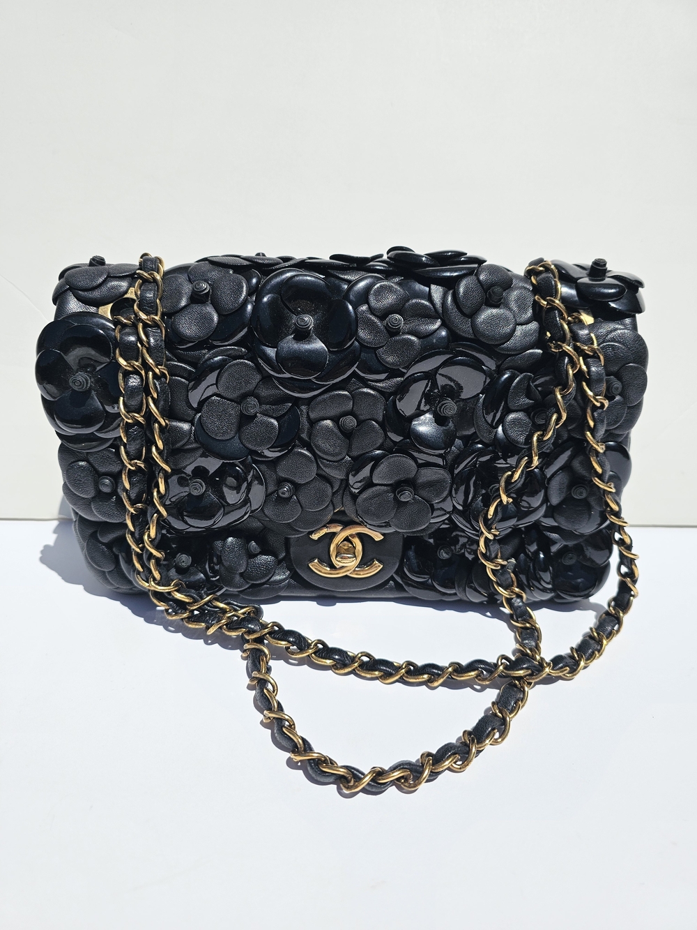 Auth Chanel black leather 3d camellia medium flap bag htf